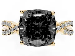 Fancy Black Cushion Cut Diamond Twist Pavé Solitaire Engagement Ring Set in Yellow gold with Prong Setting