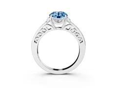 Fancy Blue Round Cut Diamond Halo Ring Set in Silver with Channel Set Band and Prong Setting