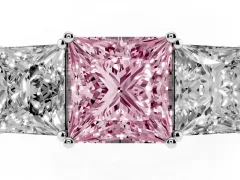 Fancy Pink Princess Cut Diamond Three-Stone Ring Set in White gold with Textured Band