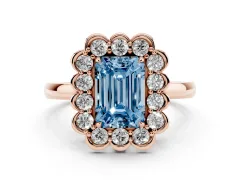 Fancy Blue Emerald Cut Diamond Halo Cluster Engagement Ring Set in Rose gold with Solitaire Band and Prong Setting