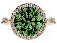 Fancy Green Round Cut Diamond Halo Twist Band Solitaire Ring Set in Yellow gold with Prong Setting