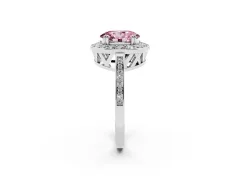 Fancy Pink Oval Cut Diamond Halo Ring Set in White gold with Accent-Lined Split Shank and Prong Setting