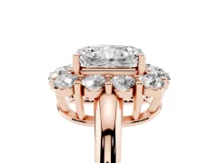 Radiant Cut Diamond Halo Cluster Engagement Ring Set in Rose gold with Polished Band and Prong Setting