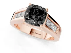 Fancy Black Cushion Cut Diamond Solitaire Ring Set in Rose gold with Channel-Set Accent Stones and Prong Setting