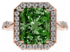 Fancy Green Radiant Cut Diamond Halo Twist Band Solitaire Ring Set in Rose gold with Prong Setting
