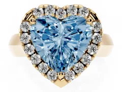 Fancy Blue Heart Cut Diamond Halo Solitaire Engagement Ring Set in Yellow gold with Square Band and Prong Setting