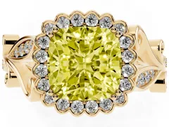 Fancy Yellow Cushion Cut Diamond Halo Ring Set in Yellow gold with Leaf Motif Split Shank and Prong Setting
