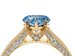 Fancy Blue Heart Cut Diamond Solitaire Ring Set in Yellow gold with Milgrain-Edged Pavé Band and Prong Setting