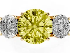 Fancy Yellow Round Cut Diamond Three-Stone Engagement Ring Set in Yellow gold with Milgrain Pavé Band