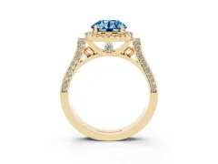 Fancy Blue Round Cut Diamond Halo Ring Set in Yellow gold with Pavé-Lined Split Shank Band