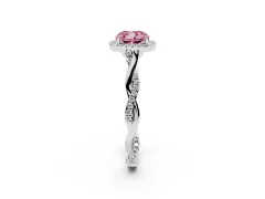 Fancy Pink Cushion Cut Diamond Halo Twist Band Solitaire Ring Set in White gold with Prong Setting