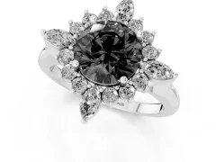 Fancy Black Round Cut Diamond Cluster Halo Ring Set in White gold with Marquise and Round Accents