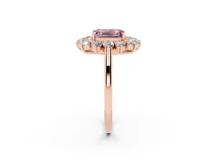 Fancy Pink Emerald Cut Diamond Floral Double Halo Ring Set in Rose gold with Round Petals