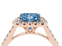Fancy Blue Princess Cut Diamond Pavé Halo Engagement Ring Set in Rose gold with Pavé Band and Prong Setting