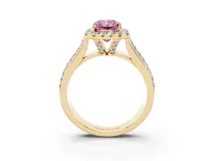 Fancy Pink Radiant Cut Diamond Halo Ring Set in Yellow gold with Pavé Band and Raised Center Setting