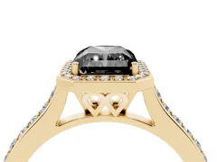 Fancy Black Radiant Cut Diamond Halo Engagement Ring Set in Yellow gold with Round Pavé Shoulders and Heart Gallery