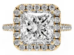 Princess Cut Diamond Halo Pavé Engagement Ring Set in Yellow gold with Prong Setting