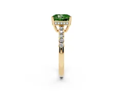 Fancy Green Radiant Cut Diamond Solitaire Engagement Ring Set in Yellow gold with Pavé Band and Prong Setting