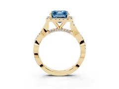 Fancy Blue Asscher Cut Diamond Halo Twist Band Solitaire Ring Set in Yellow gold with Prong Setting