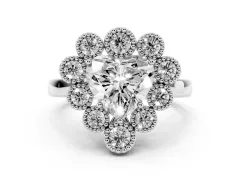 Heart Cut Diamond Cluster Halo Ring Set in Silver with Milgrain Bezel Accents and Plain Band