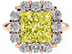 Fancy Yellow Princess Cut Diamond Halo Cluster Engagement Ring Set in Rose gold with Polished Band and Prong Setting