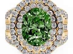 Fancy Green Oval Cut Diamond Double Halo Ring Set in Yellow gold with Round Pavé Split Shank