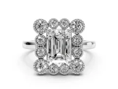 Emerald Cut Diamond Cluster Halo Ring Set in Platinum with Milgrain Bezel Accents and Plain Band