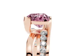Fancy Pink Heart Cut Diamond Solitaire Ring Set in Rose gold with Channel Set Split Shank and Tension Prongs