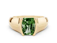 Fancy Green Radiant Cut Diamond Bezel Solitaire Ring Set in Yellow gold with Wide Band