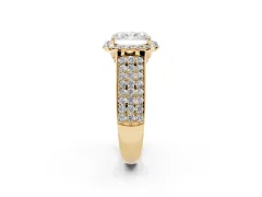 Radiant Cut Diamond Halo Ring Set in Yellow gold with Pavé Band and Raised Center Setting
