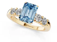 Fancy Blue Emerald Cut Diamond Five-Stone Prong Set Engagement Ring Set in Yellow gold with Channel Band