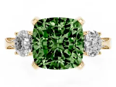 Fancy Green Cushion Cut Diamond Three-Stone Ring Set in Yellow gold with Pavé Band and Smaller Side Stones
