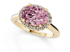Fancy Pink Oval Cut Diamond Halo Engagement Ring Set in Yellow gold with Pavé Band and Rising Shoulders