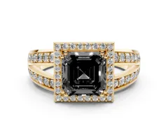 Fancy Black Asscher Cut Diamond Halo Ring Set in Yellow gold with Double Pavé Split Shank