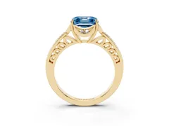 Fancy Blue Asscher Cut Diamond Halo Ring Set in Yellow gold with Channel Set Band and Prong Setting