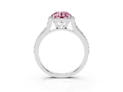 Fancy Pink Round Cut Diamond Halo Engagement Ring Set in White gold with Round Pavé Shoulders and Heart Gallery