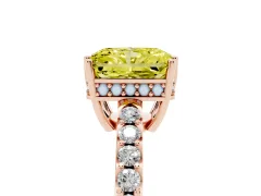 Fancy Yellow Radiant Cut Diamond Solitaire Engagement Ring Set in Rose gold with Pavé Band and Prong Setting