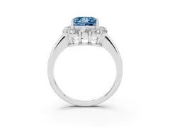Fancy Blue Princess Cut Diamond Milgrain Halo Solitaire Ring Set in Platinum with Bezel Set Side Stones and Pavé Band