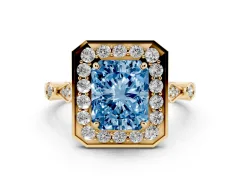 Fancy Blue Radiant Cut Diamond Halo Engagement Ring Set in Yellow gold with Twisted Band and Prong Setting