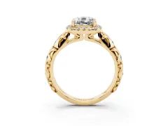 Cushion Cut Diamond Halo Ring Set in Yellow gold with Filigree Leaf Band and Prong Setting
