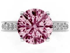 Fancy Pink Round Cut Diamond Solitaire Ring Set in White gold with Milgrain-Edged Pavé Band and Prong Setting