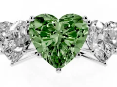 Fancy Green Heart Cut Diamond Three-Stone Ring Set in White gold with Textured Band
