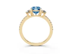 Fancy Blue Cushion Cut Diamond Three-Stone Ring Set in Yellow gold with Pavé Band and Graduated Sides