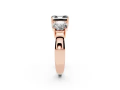 Fancy Black Asscher Cut Diamond Three-Stone Ring Set in Rose gold with Round Side Stones and Classic Band