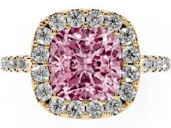 Fancy Pink Cushion Cut Diamond Pavé Halo Ring Set in Yellow gold with Prong Setting