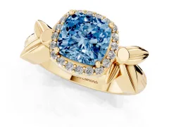 Fancy Blue Cushion Cut Diamond Halo Floral Band Ring Set in Yellow gold with Prong Setting