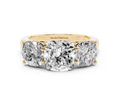 Cushion Cut Diamond Three-Stone Ring Set in Yellow gold with Plain Polished Band
