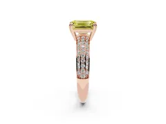 Fancy Yellow Emerald Cut Diamond Solitaire Ring Set in Rose gold with Multi-Row Round Pavé Band and Prong Setting
