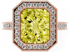 Fancy Yellow Radiant Cut Diamond Halo Milgrain Pavé Band Ring Set in Rose gold with Prong Setting