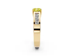 Fancy Yellow Cushion Cut Diamond Solitaire Ring Set in Yellow gold with Channel-Set Accent Stones and Prong Setting